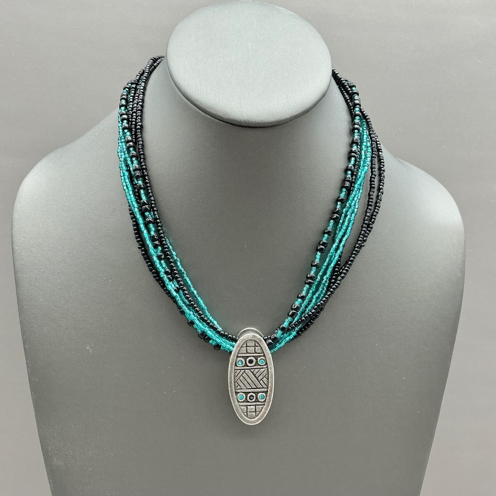 Chico's Necklace Teal Black Multi Strand Seed Bead Silver Tone Pendant 18"